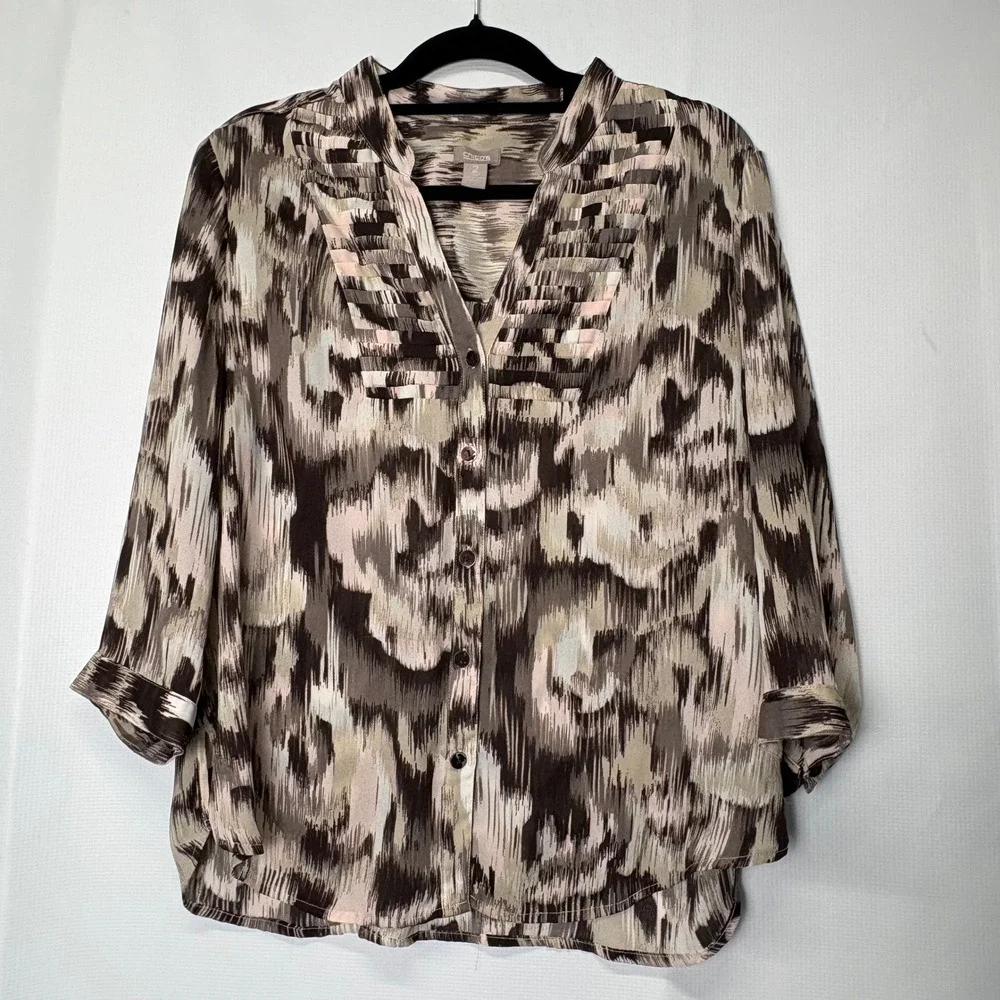 Chico's Womens Brown Abstract Print 3/4 Sleeve‎ Sheer Button Down Blouse Size 2